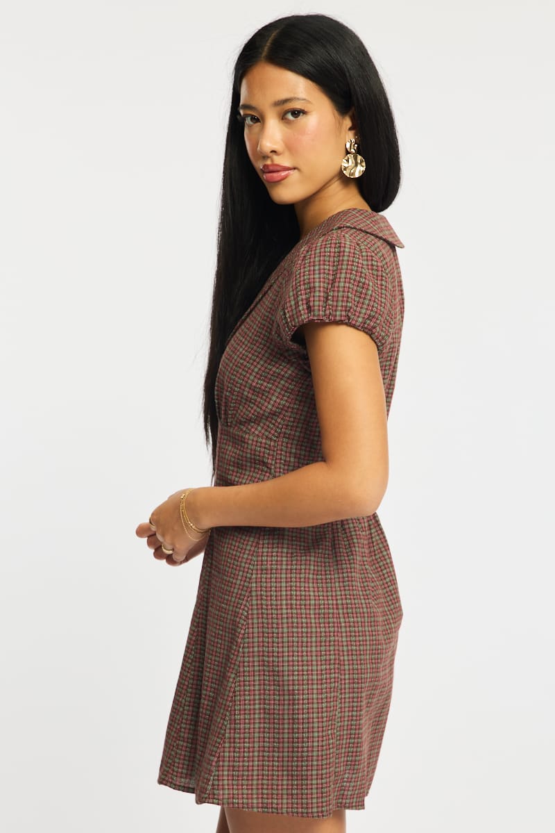 Red Check Shirts Dress Collared Mini for Ally Fashion
