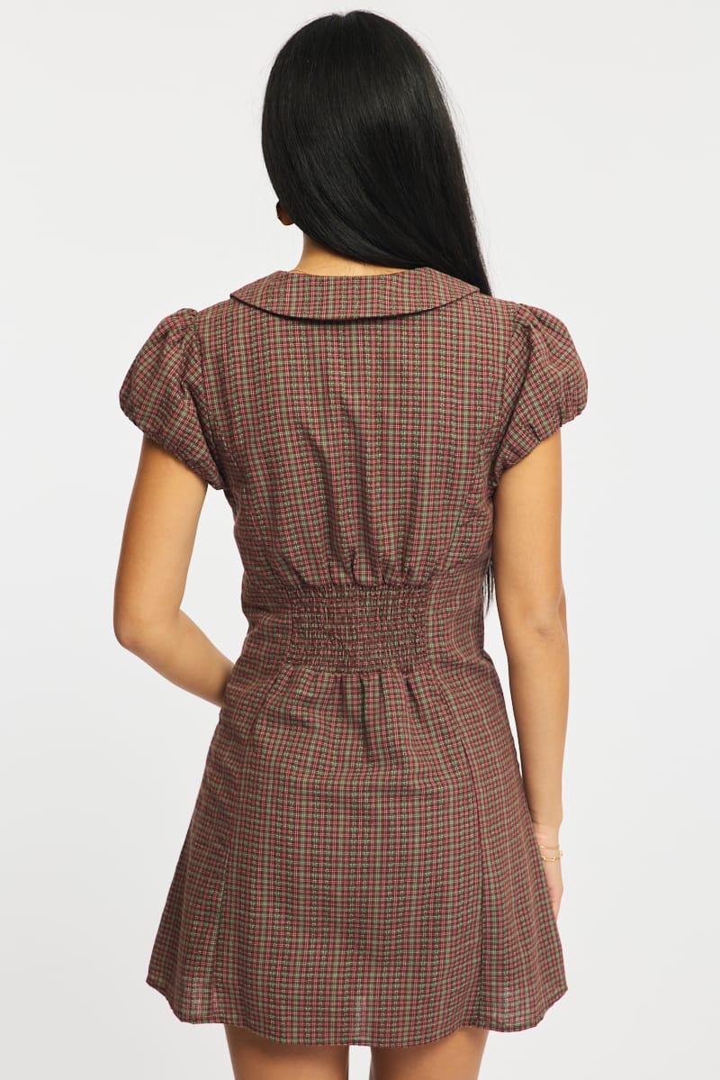 Red Check Shirts Dress Collared Mini for Ally Fashion