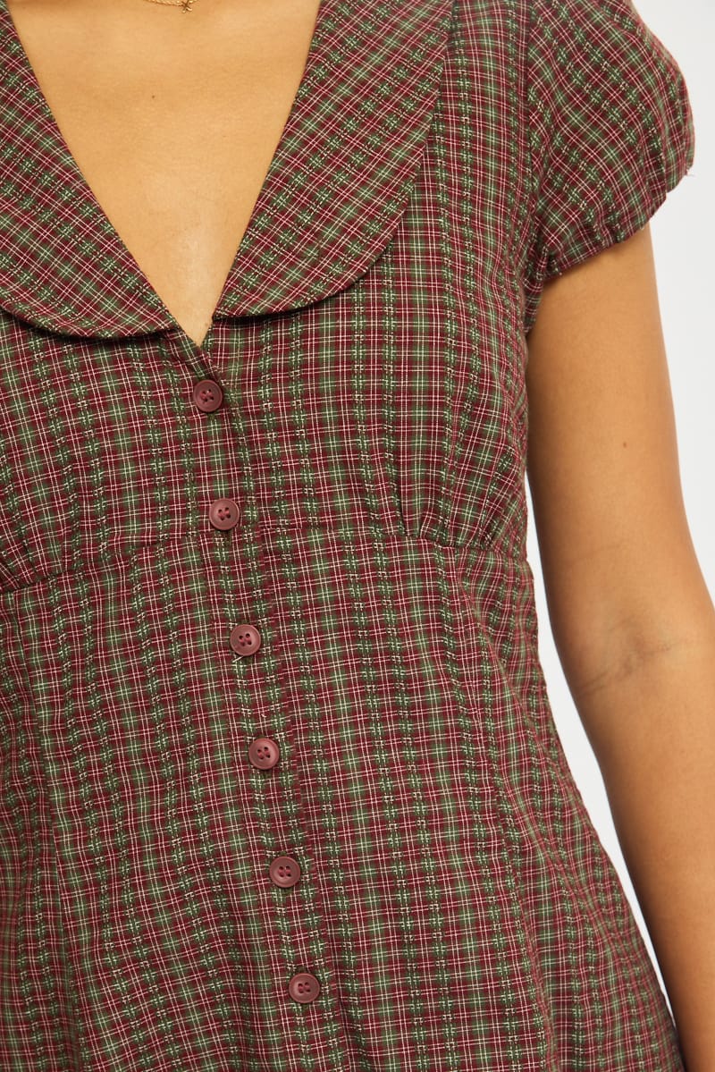 Red Check Shirts Dress Collared Mini for Ally Fashion