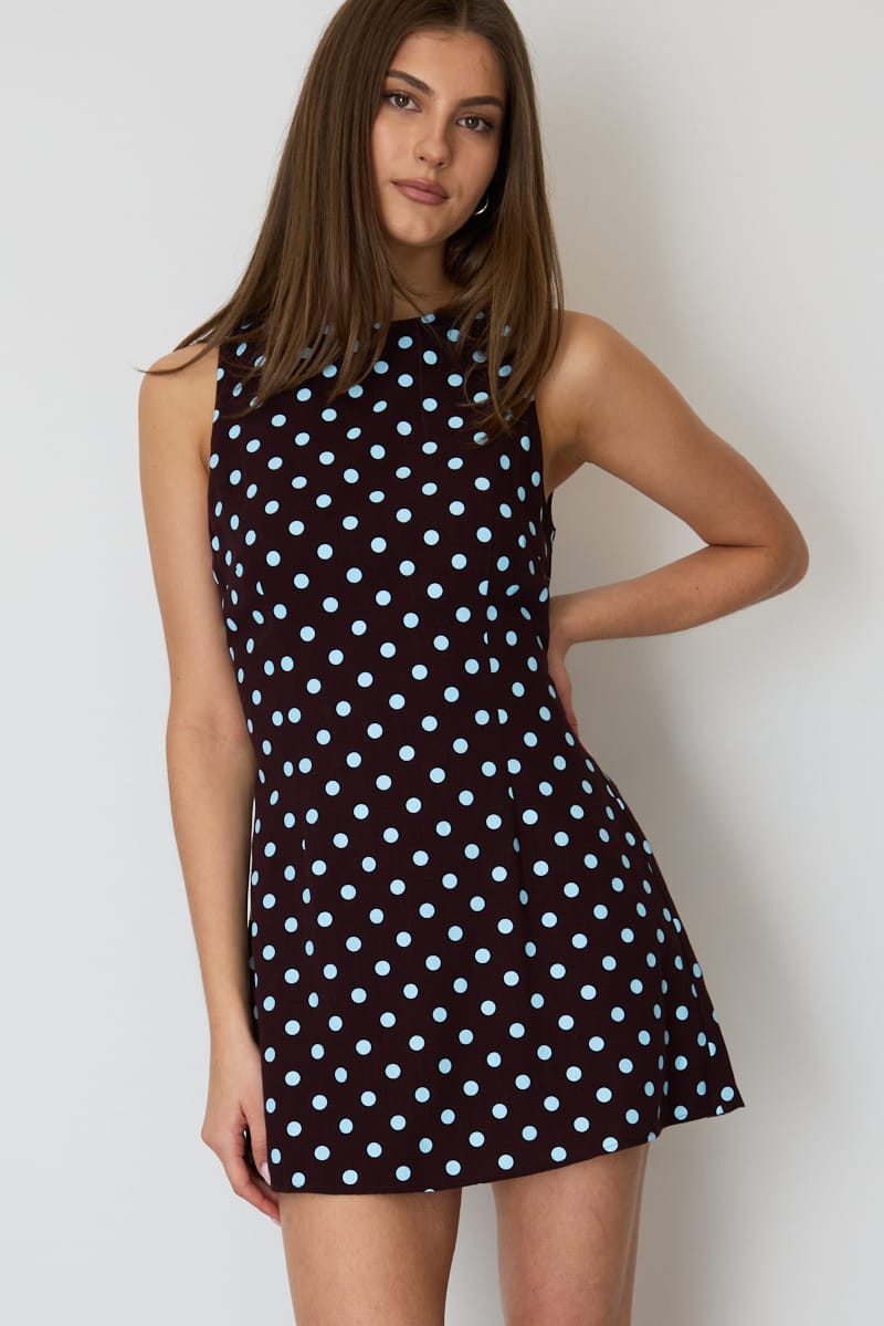 Brown Polka Dot Mini Dress Boat Neck for Ally Fashion