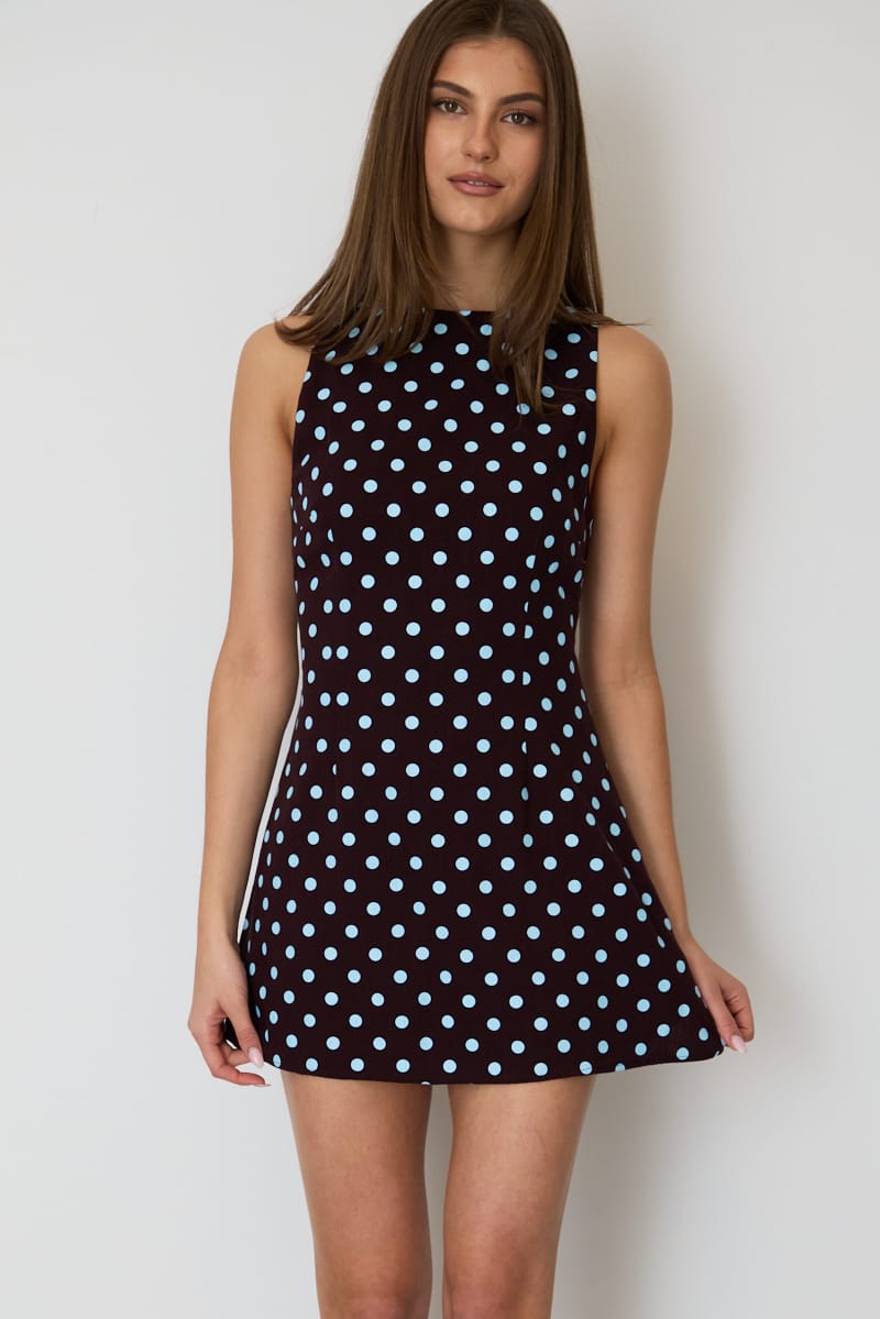 Brown Polka Dot Mini Dress Boat Neck for Ally Fashion