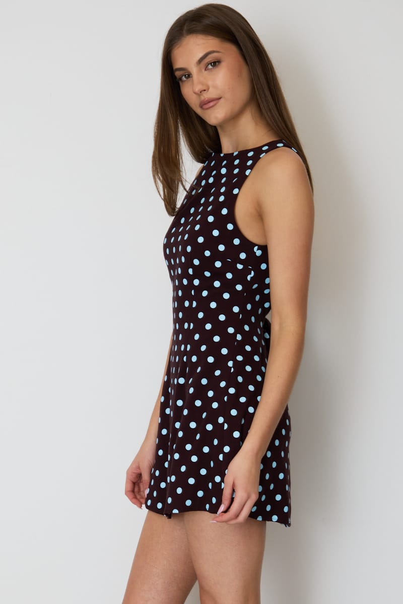 Brown Polka Dot Mini Dress Boat Neck for Ally Fashion