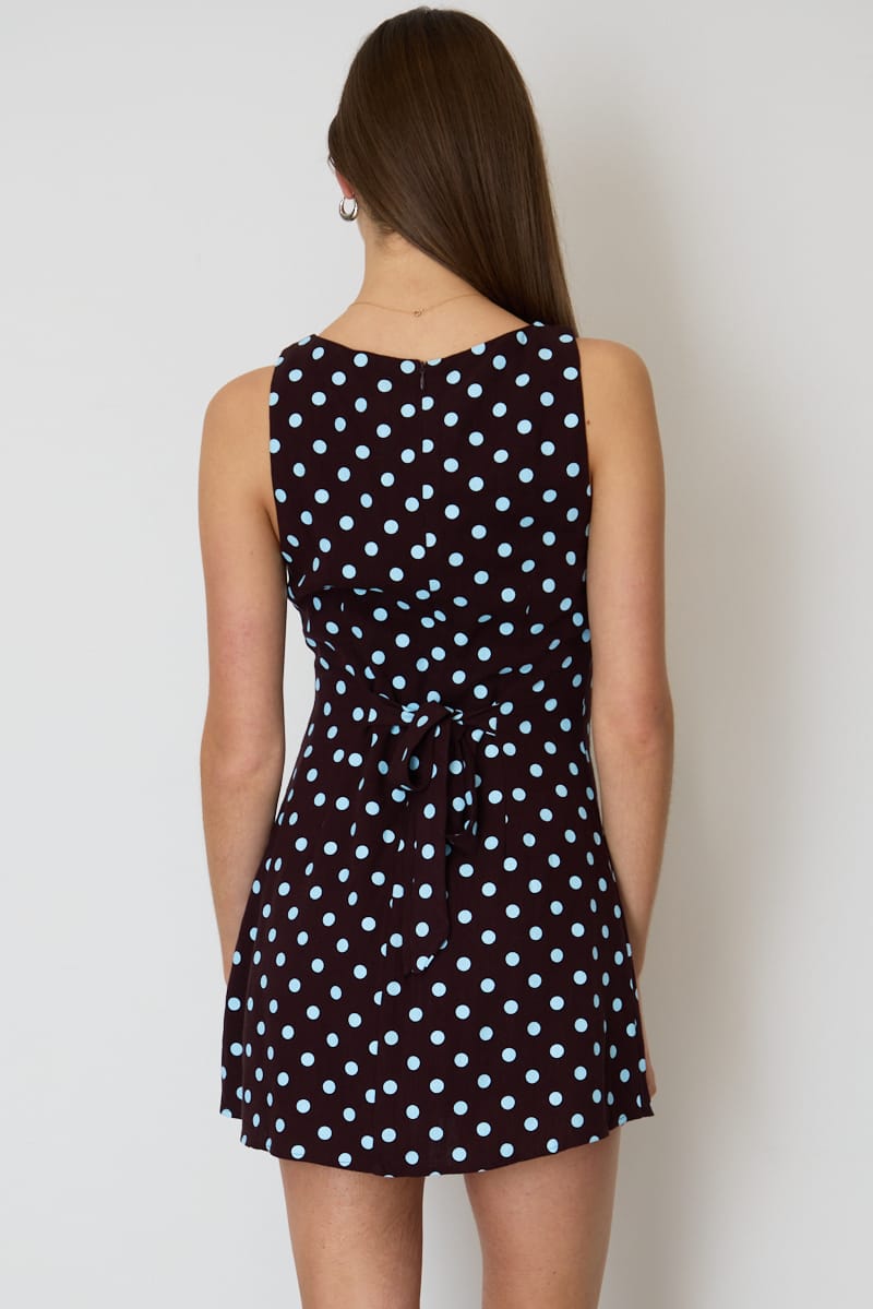 Brown Polka Dot Mini Dress Boat Neck for Ally Fashion