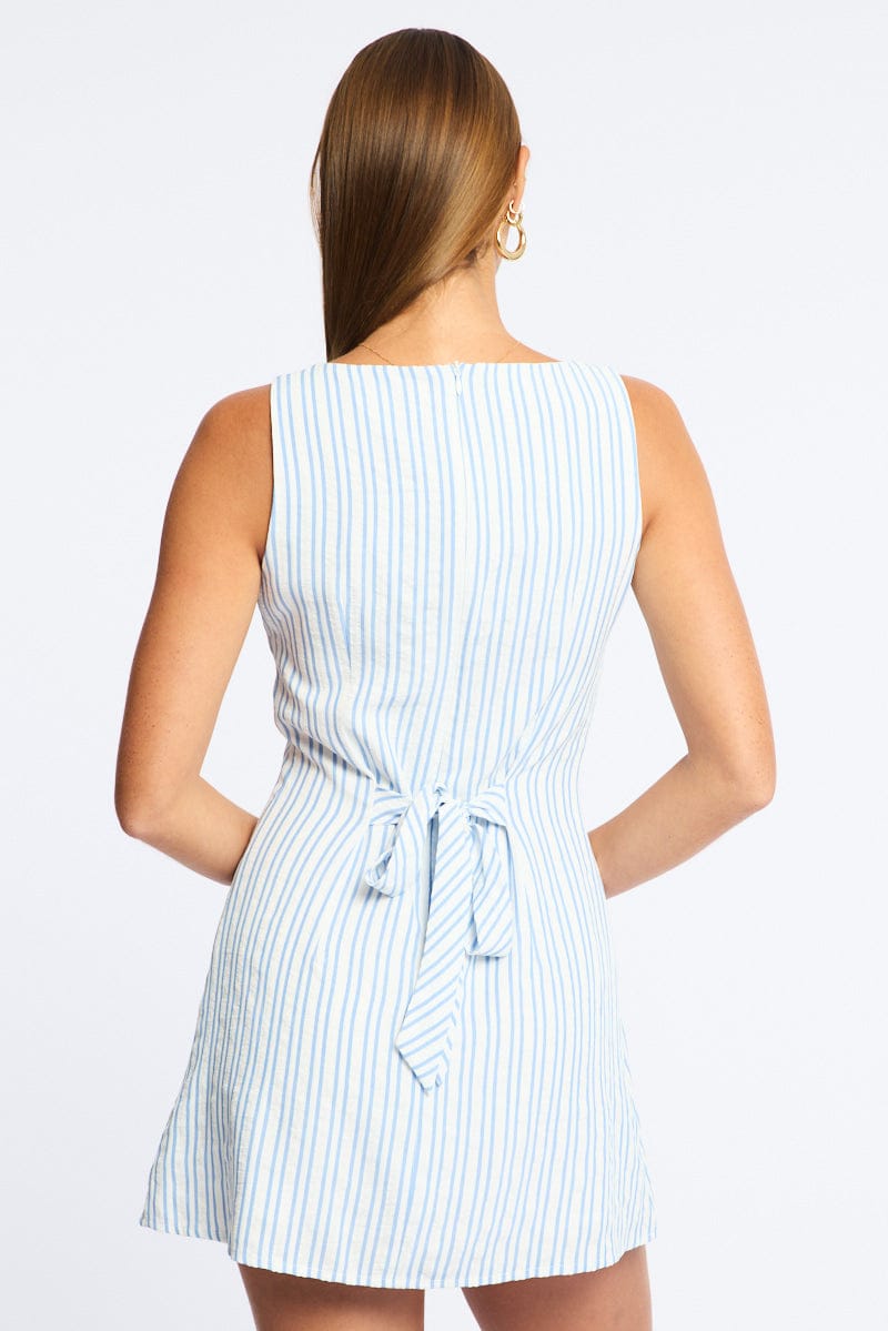 Blue Stripe Mini Dress Boat Neck for Ally Fashion