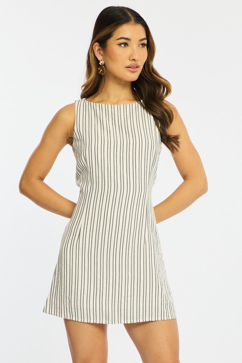 Black Stripe Mini Dress Boat Neck for Ally Fashion