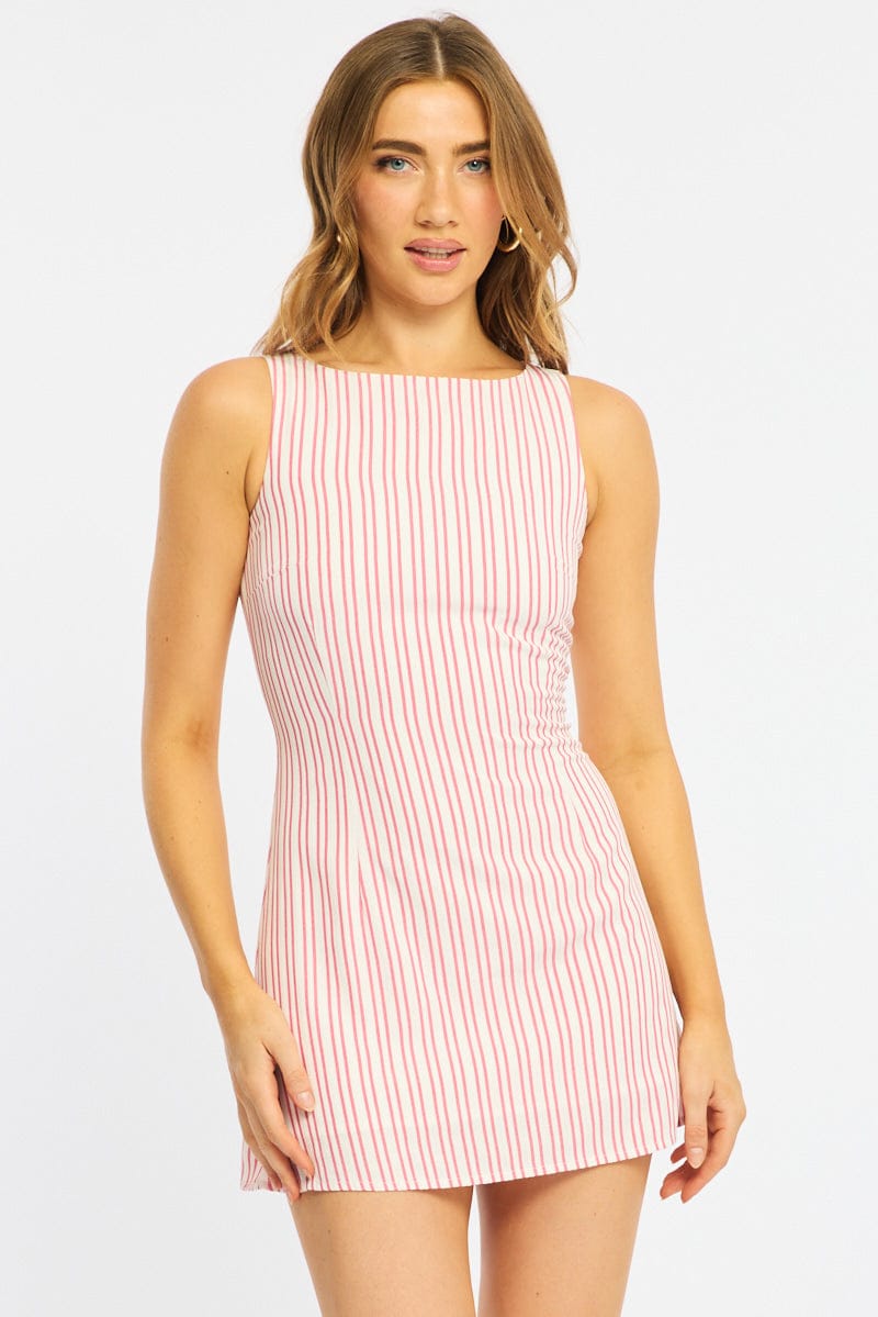 Red Stripe Mini Dress Boat Neck for Ally Fashion