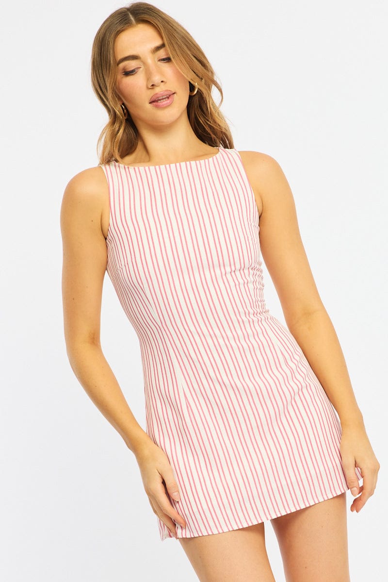 Red Stripe Mini Dress Boat Neck for Ally Fashion