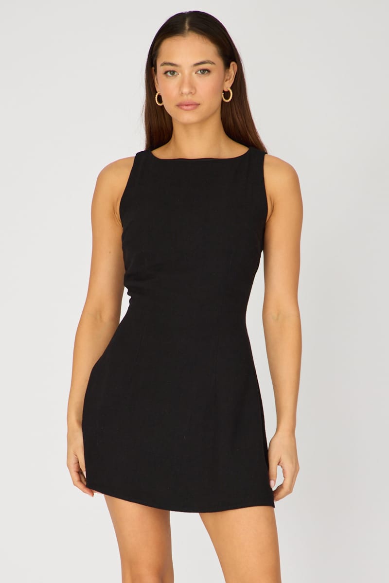 Black Mini Dress Boat Neck for Ally Fashion
