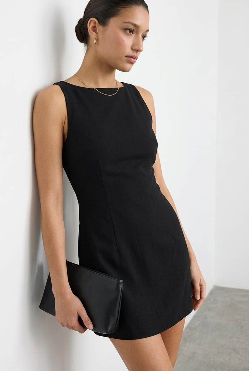 Black Mini Dress Boat Neck for Ally Fashion
