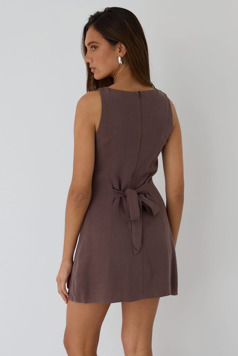 Brown Mini Dress Boat Neck for Ally Fashion