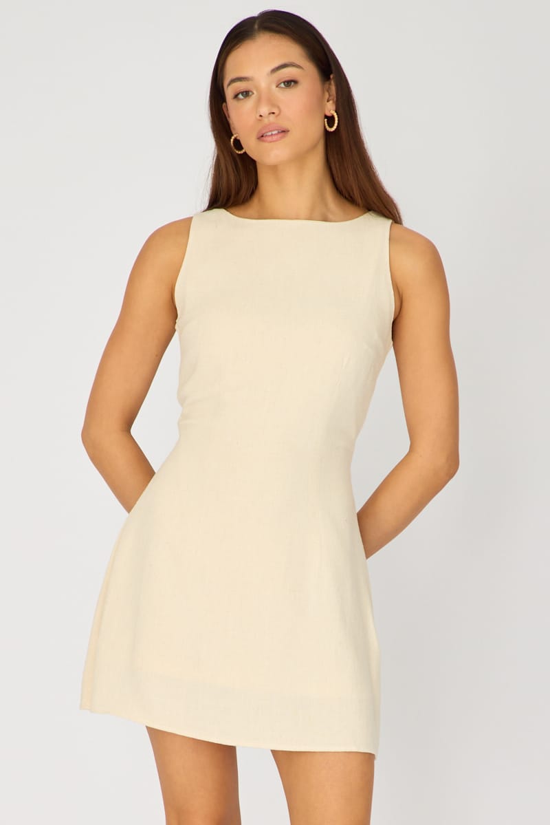 Beige Mini Dress Boat Neck for Ally Fashion