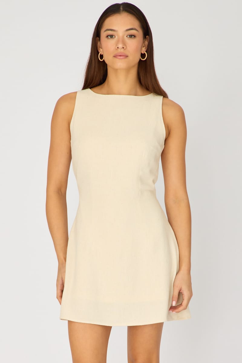 Beige Mini Dress Boat Neck for Ally Fashion
