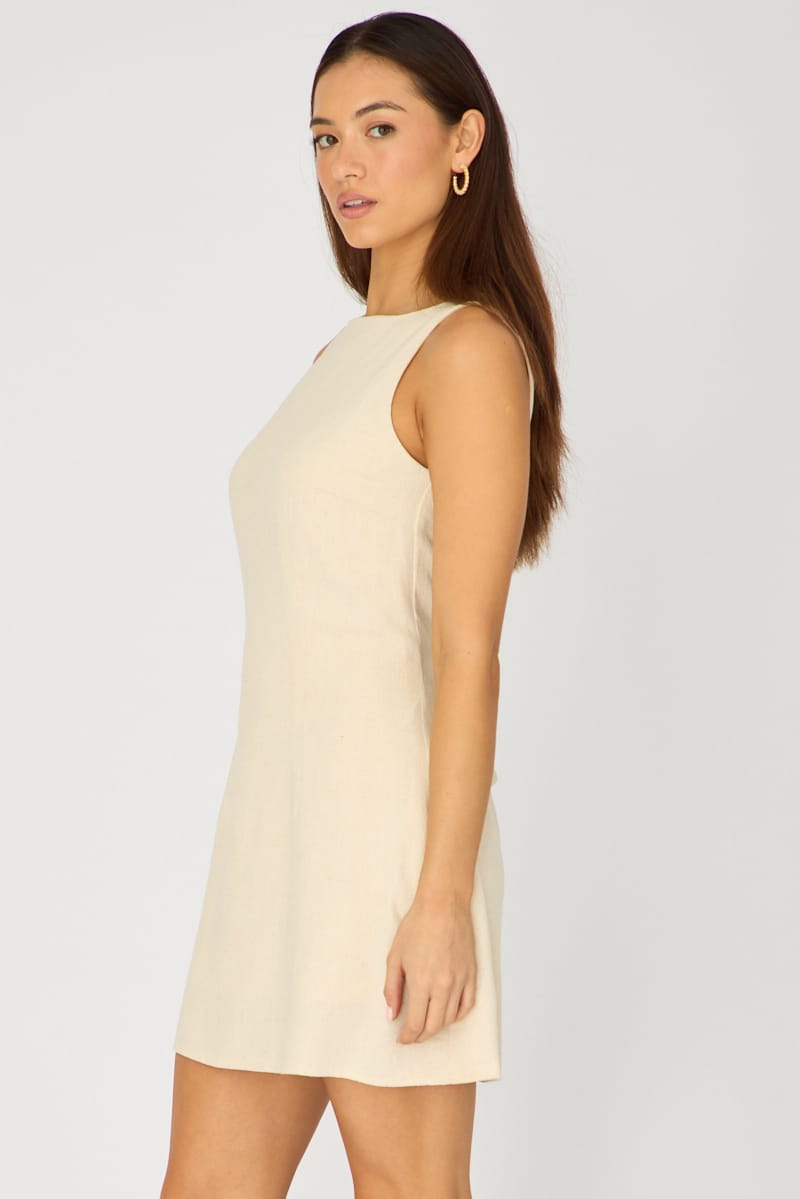 Beige Mini Dress Boat Neck for Ally Fashion