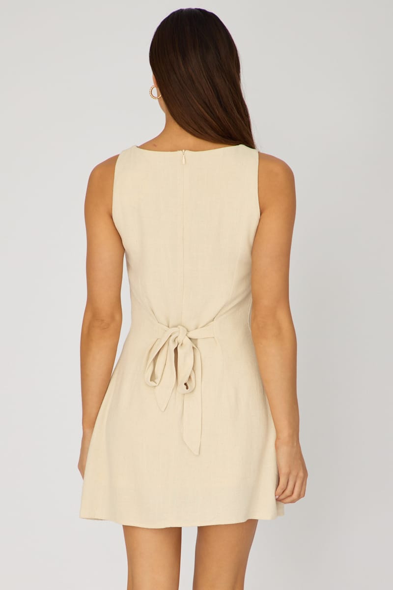Beige Mini Dress Boat Neck for Ally Fashion