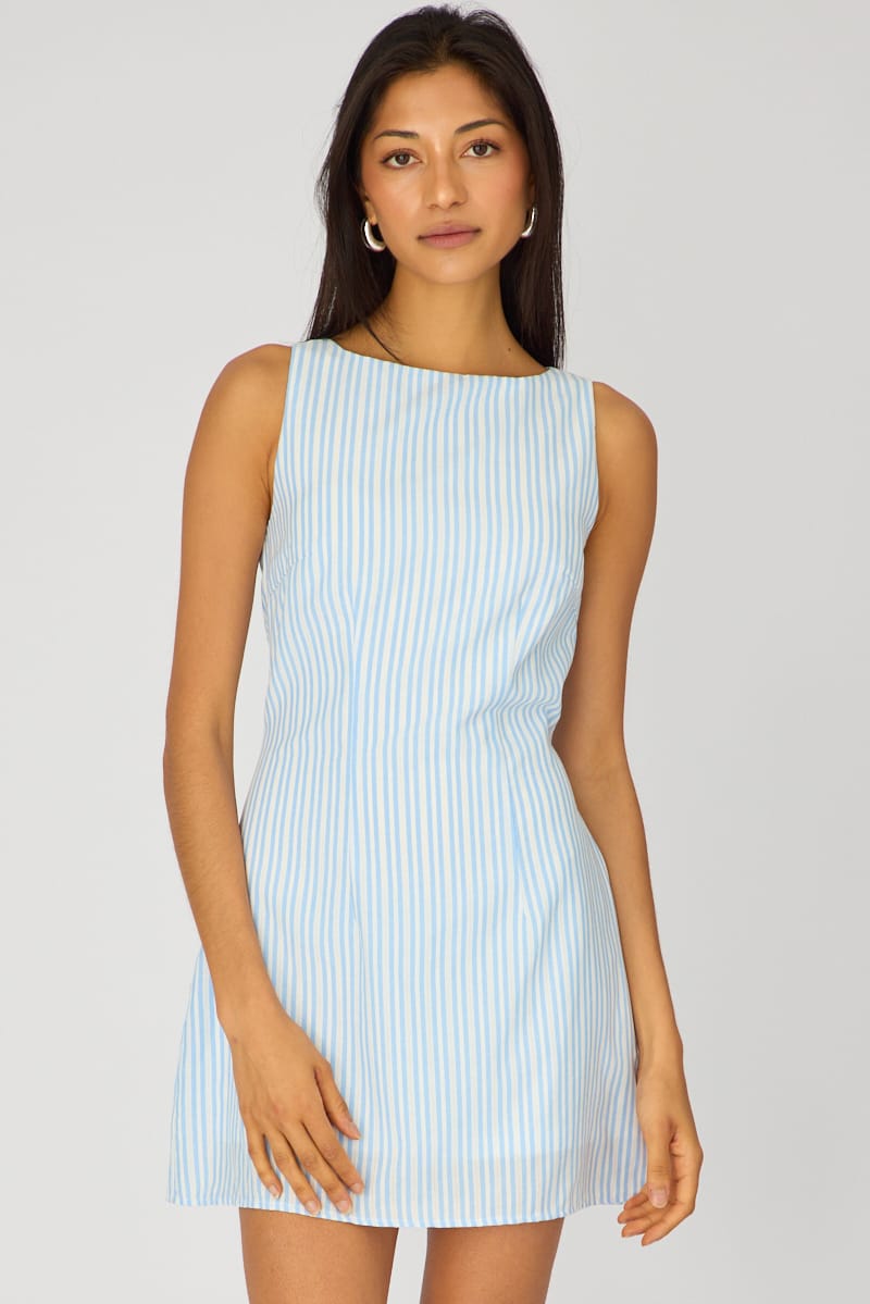 Blue Stripe Mini Dress Boat Neck for Ally Fashion