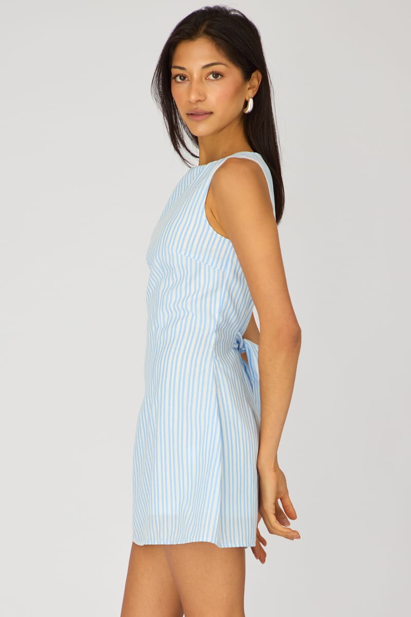 Blue Stripe Mini Dress Boat Neck for Ally Fashion