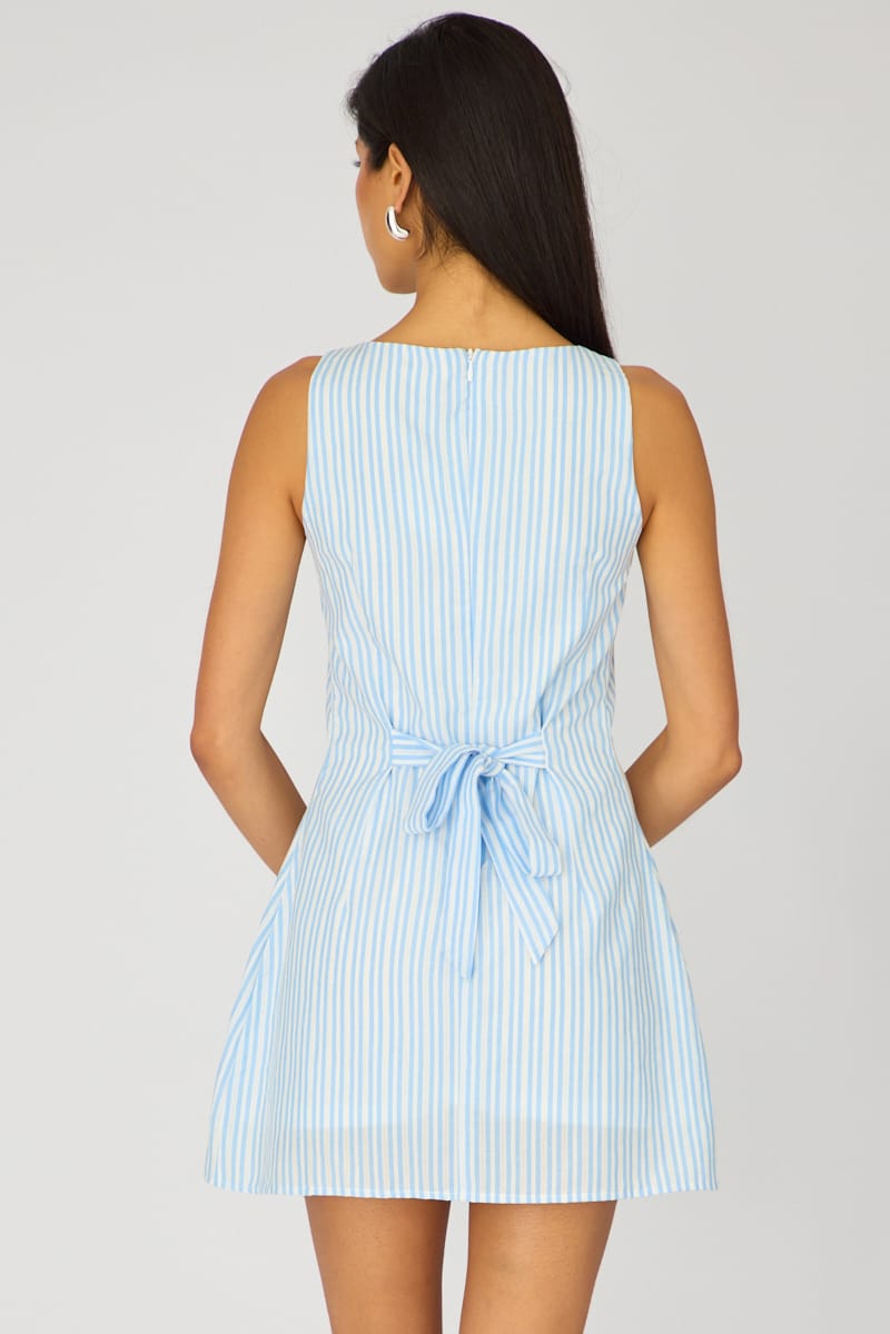 Blue Stripe Mini Dress Boat Neck for Ally Fashion