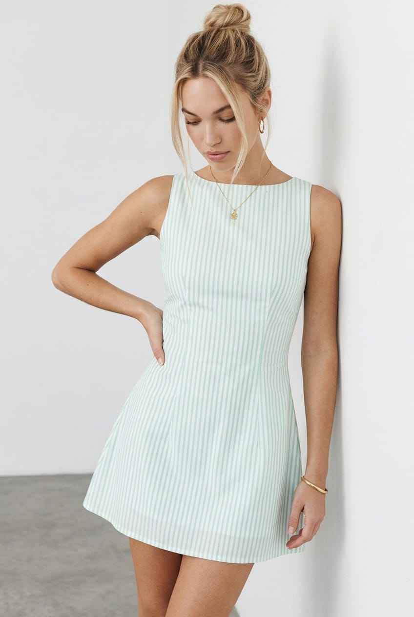 Green Stripe Mini Dress Boat Neck for Ally Fashion