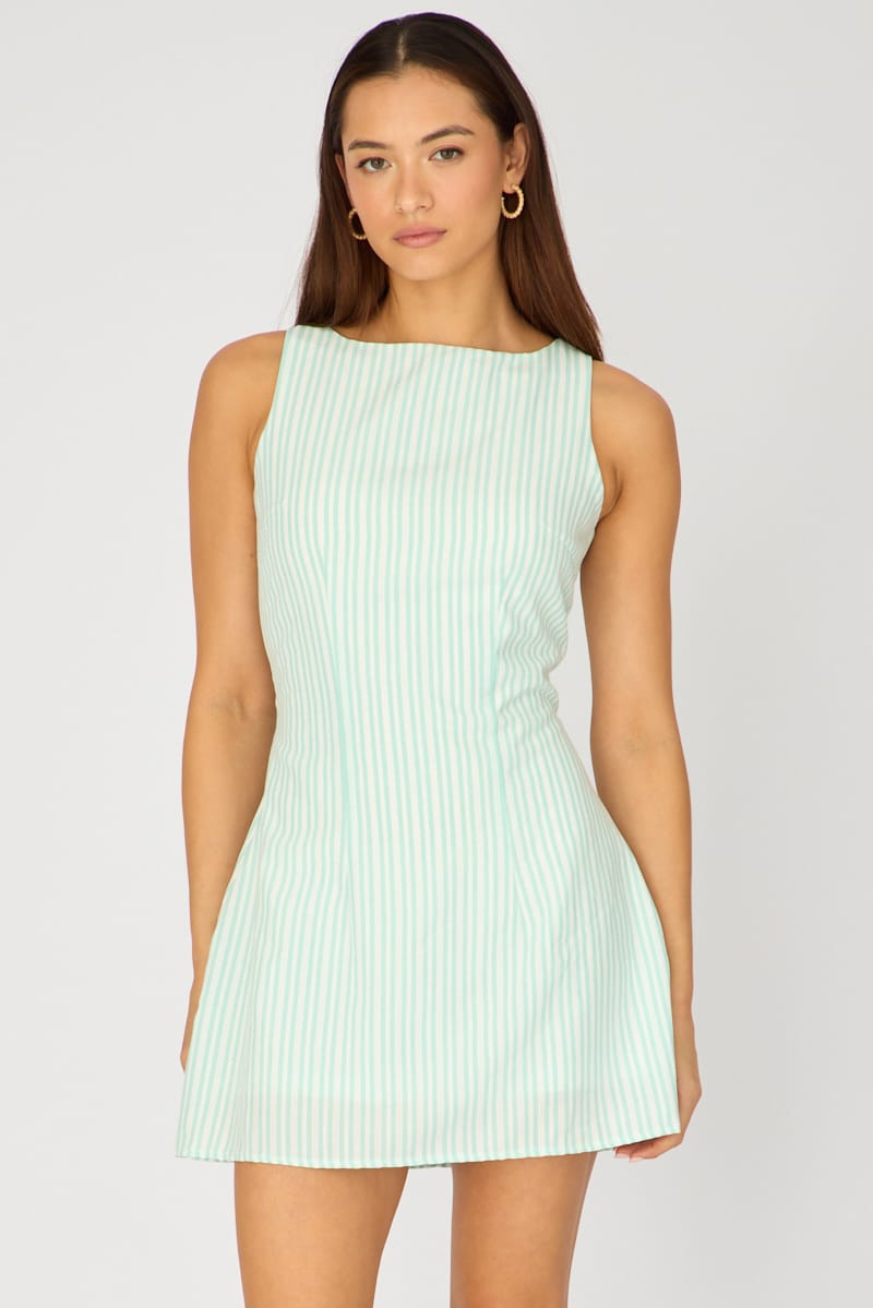 Green Stripe Mini Dress Boat Neck for Ally Fashion
