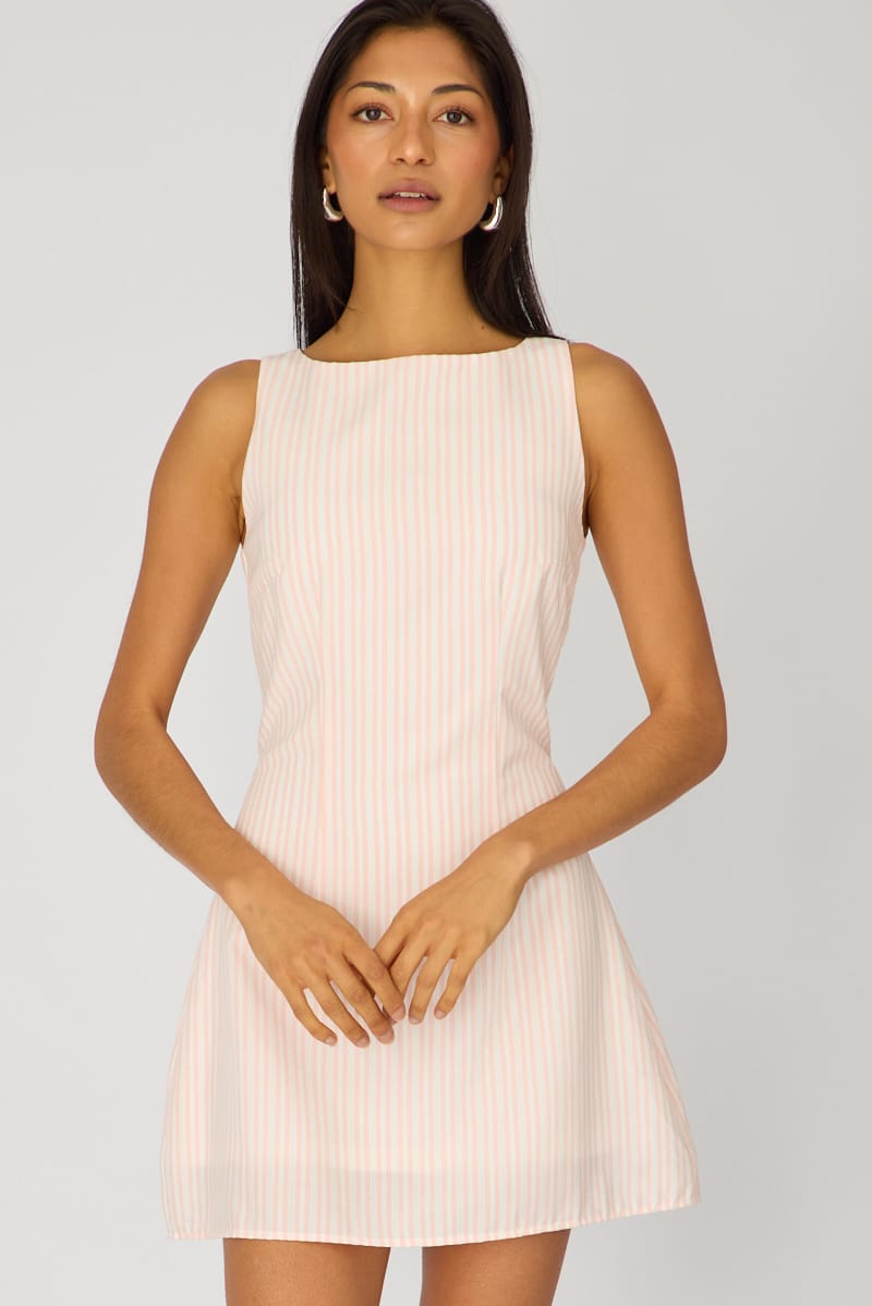 Pink Stripe Mini Dress Boat Neck for Ally Fashion