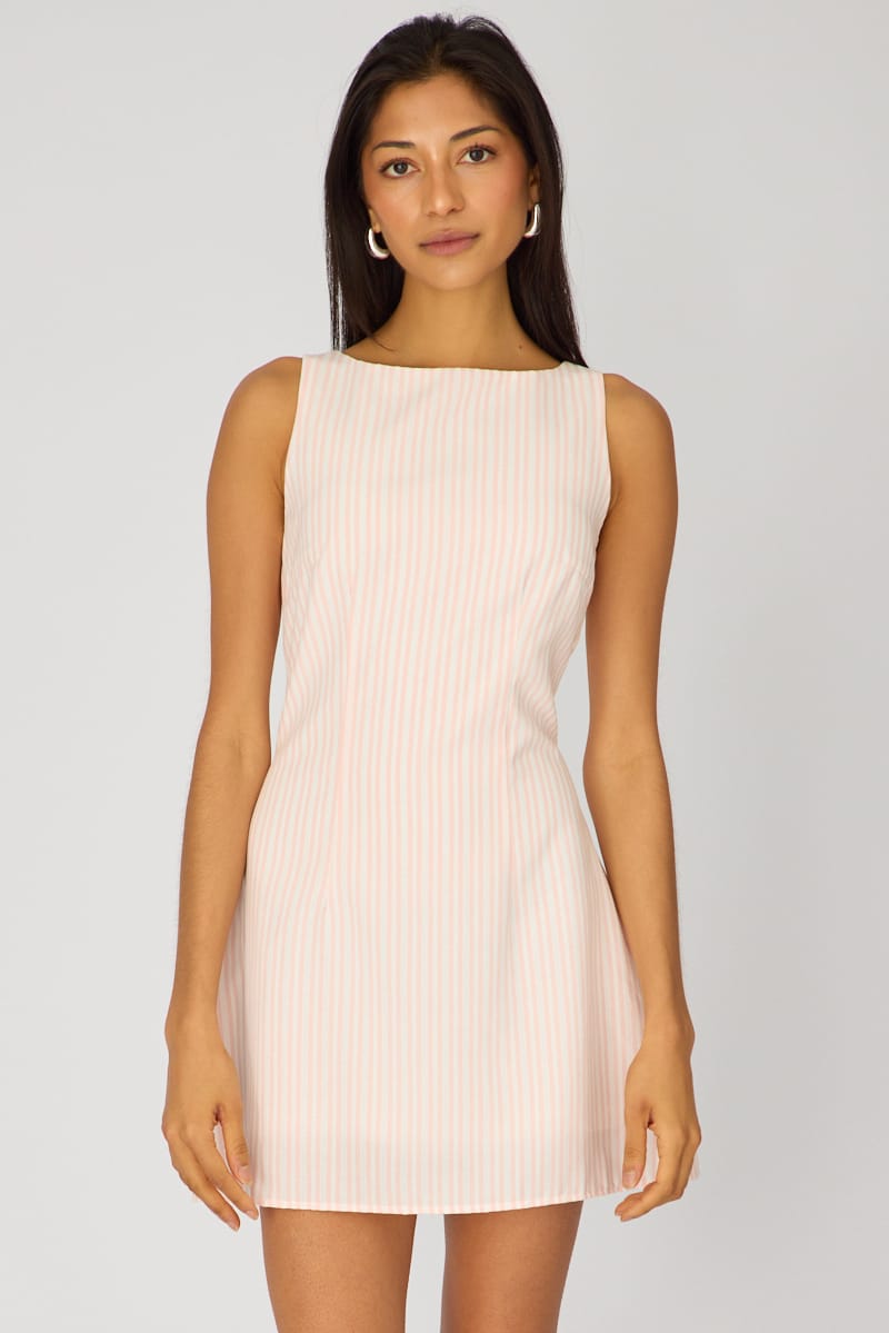 Pink Stripe Mini Dress Boat Neck for Ally Fashion