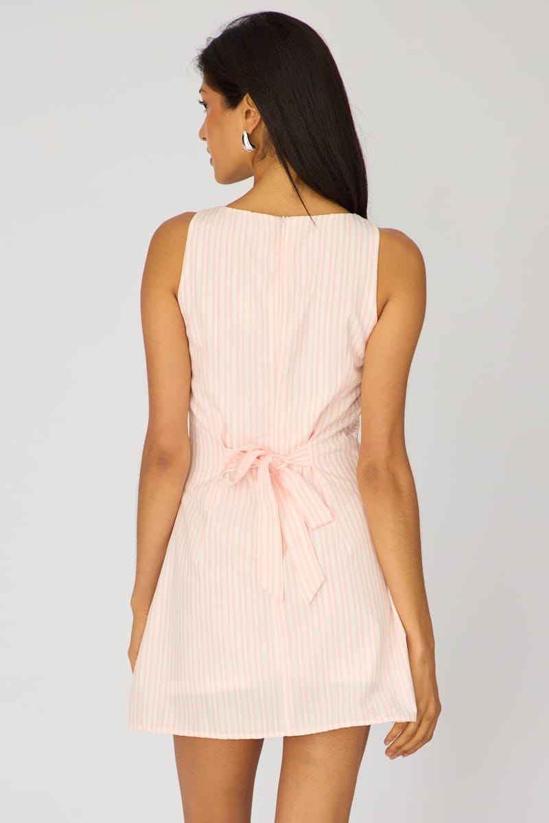 Pink Stripe Mini Dress Boat Neck for Ally Fashion