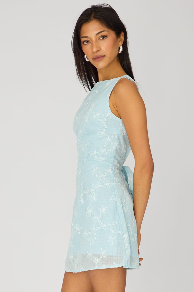 Blue Mini Dress Boat Neck for Ally Fashion