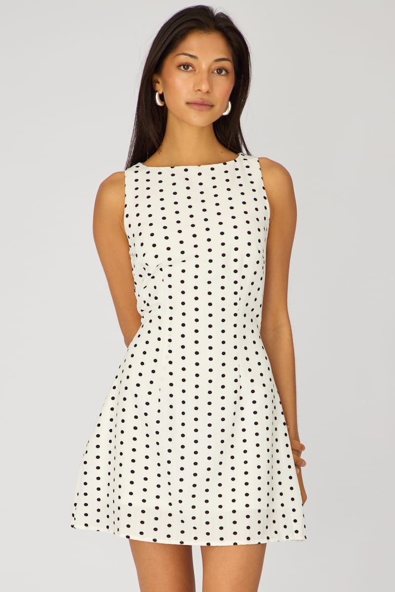 White Polka Dot Mini Dress Boat Neck for Ally Fashion