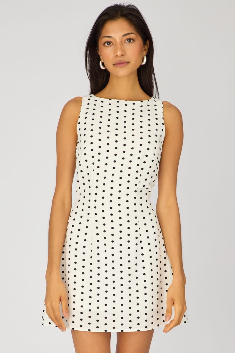 White Polka Dot Mini Dress Boat Neck for Ally Fashion