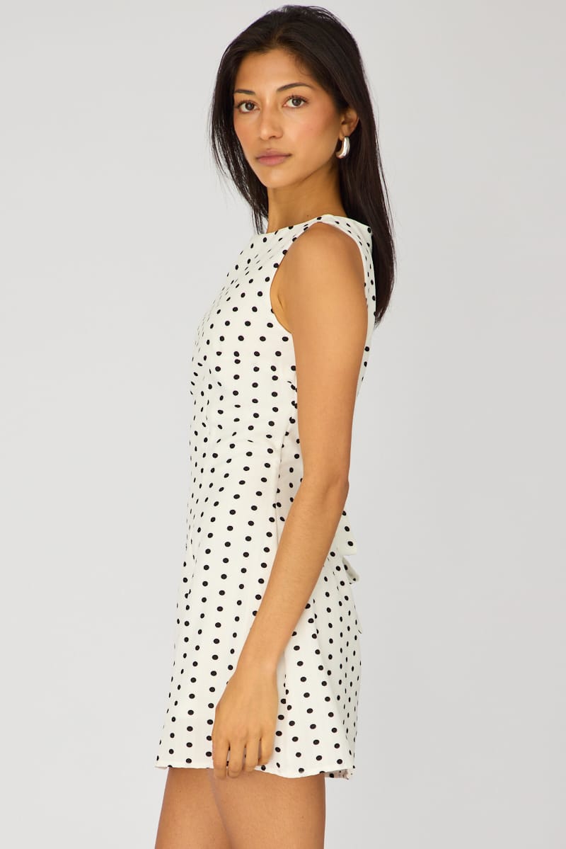 White Polka Dot Mini Dress Boat Neck for Ally Fashion