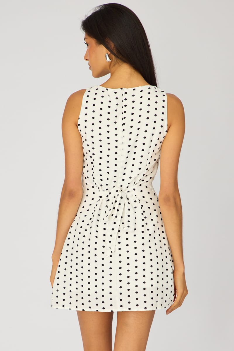 White Polka Dot Mini Dress Boat Neck for Ally Fashion