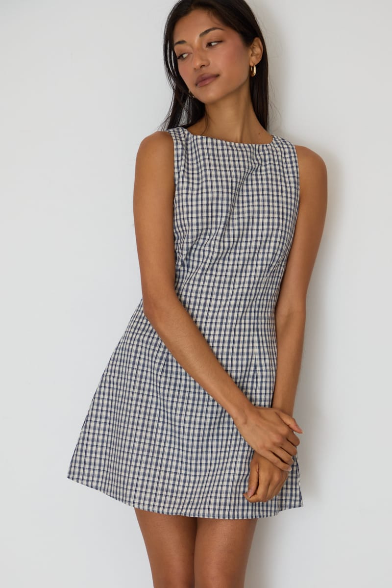 Blue Check Mini Dress Boat Neck for Ally Fashion