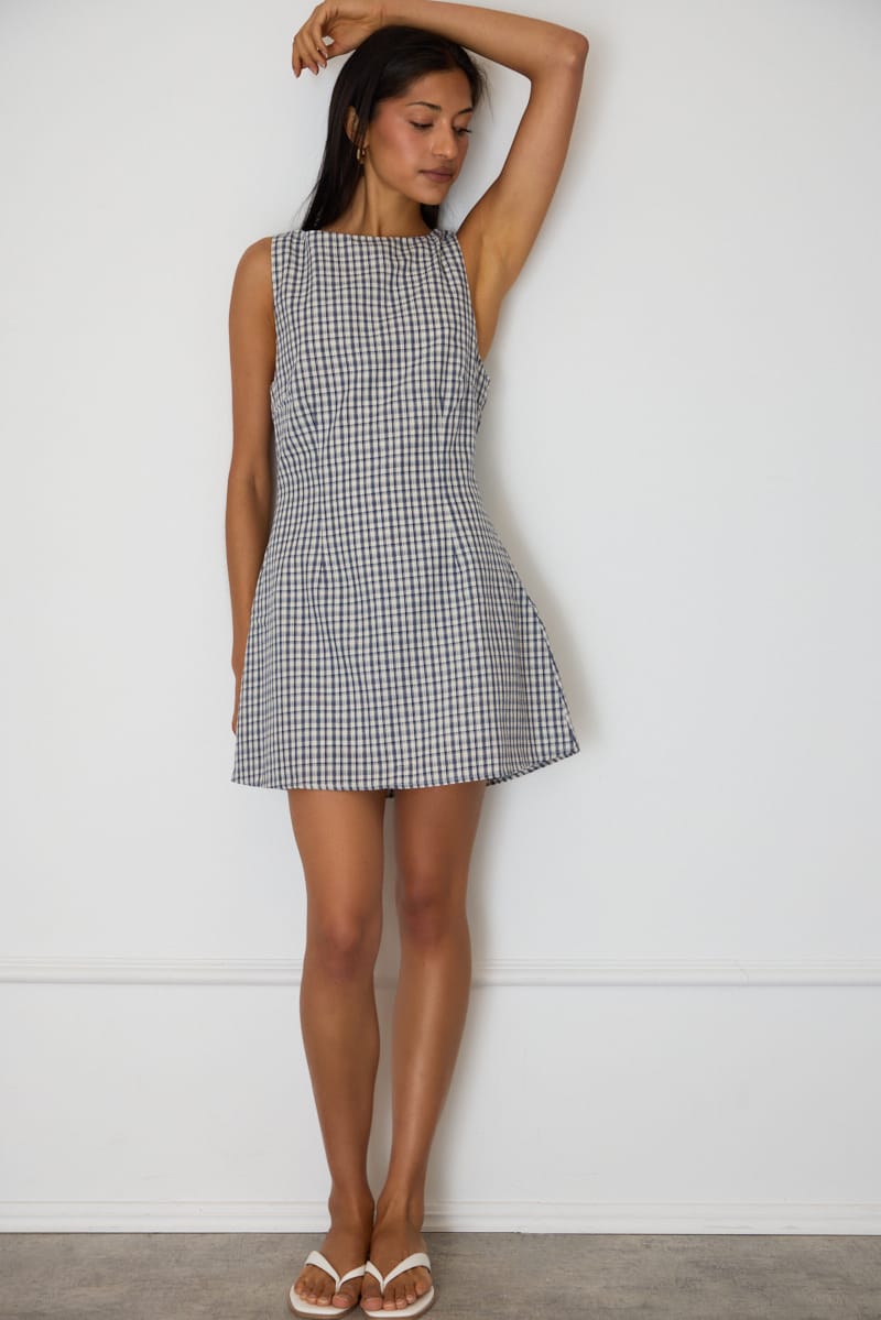 Blue Check Mini Dress Boat Neck for Ally Fashion