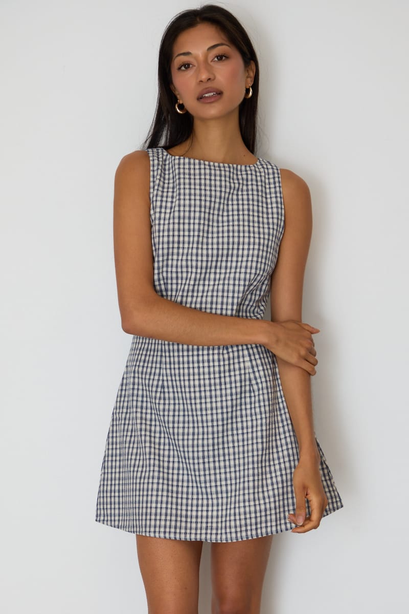 Blue Check Mini Dress Boat Neck for Ally Fashion