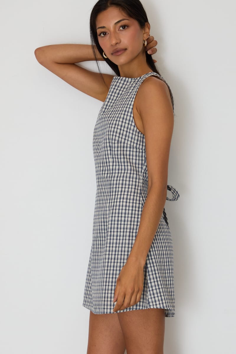 Blue Check Mini Dress Boat Neck for Ally Fashion