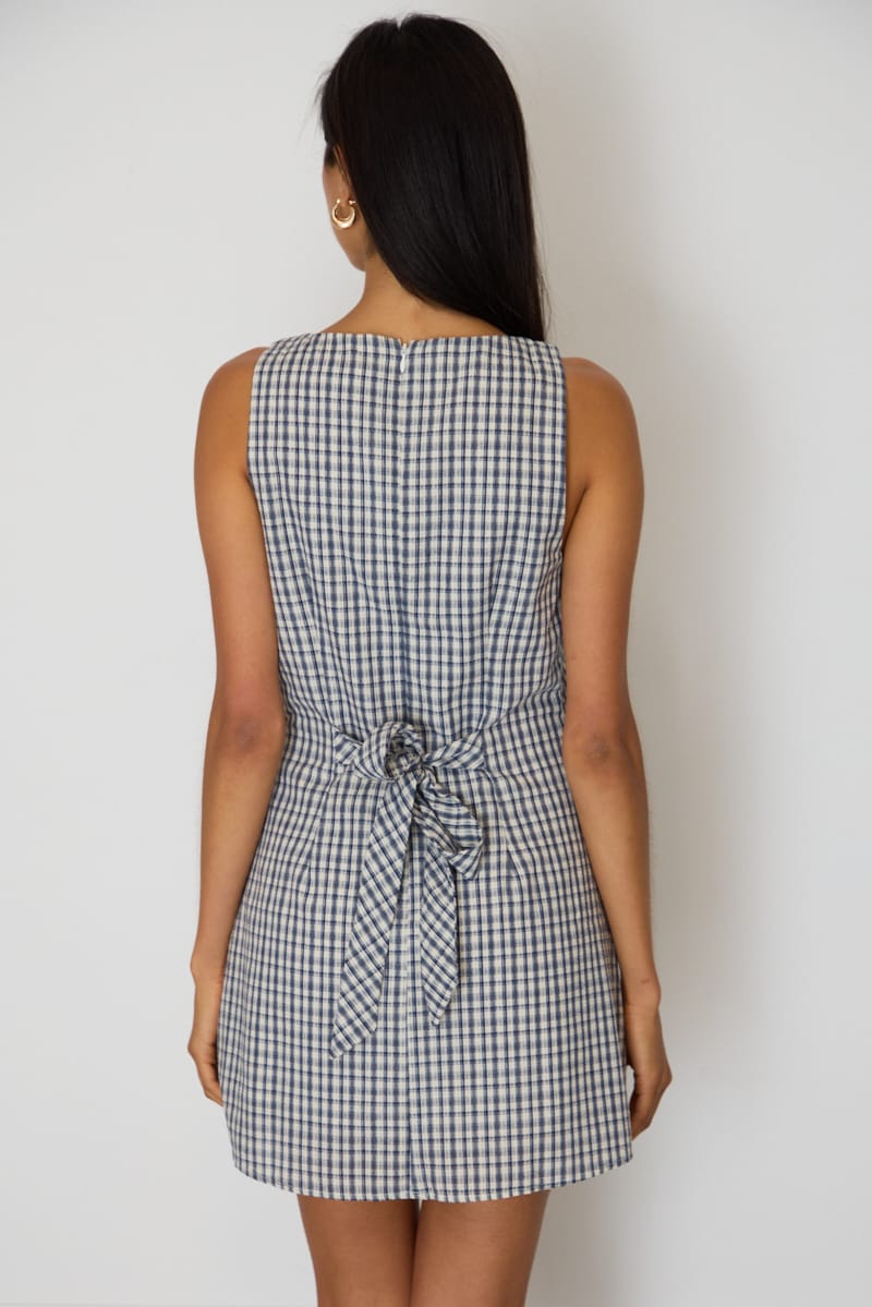 Blue Check Mini Dress Boat Neck for Ally Fashion