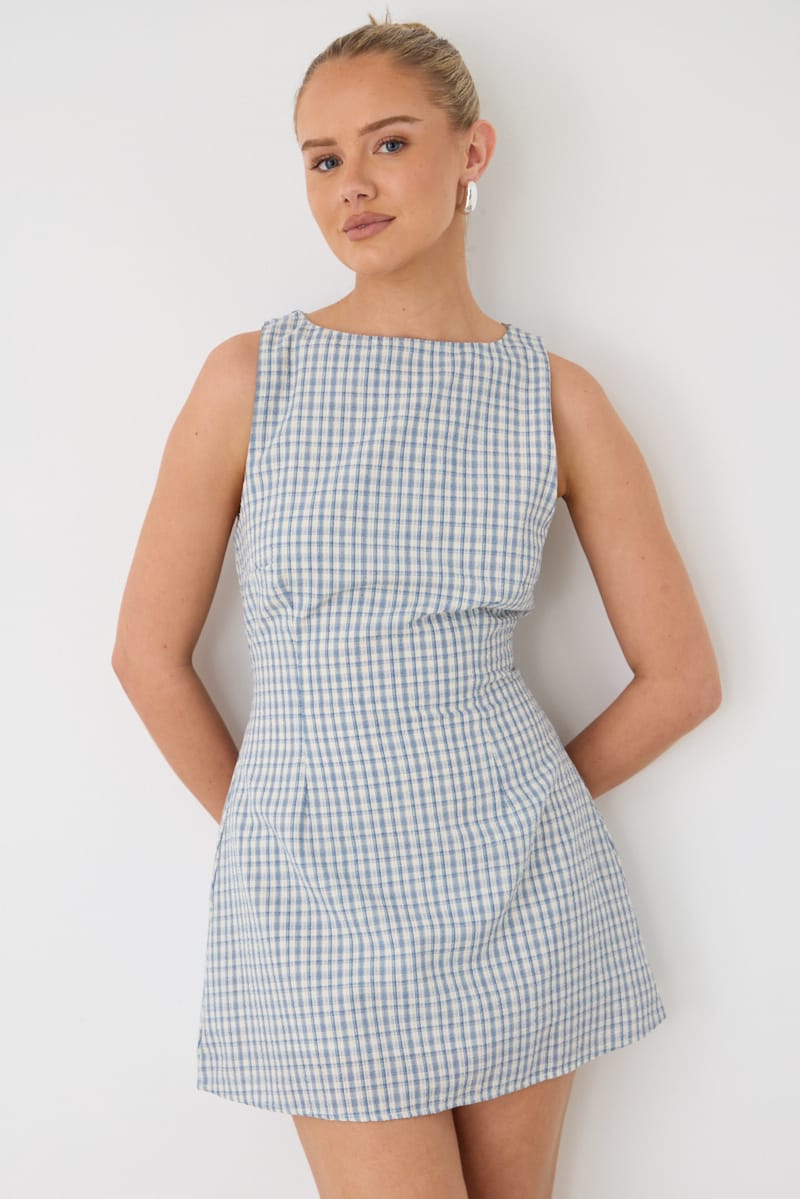 White Check Mini Dress Boat Neck for Ally Fashion