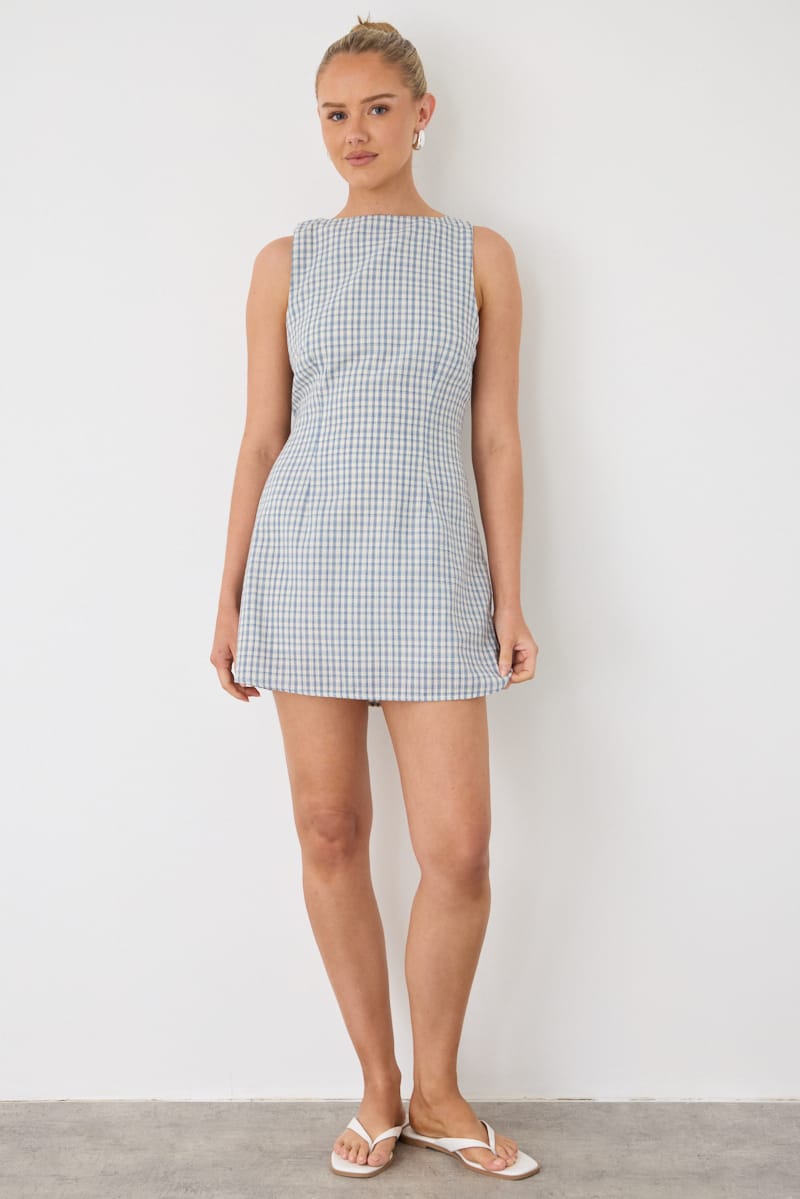 White Check Mini Dress Boat Neck for Ally Fashion