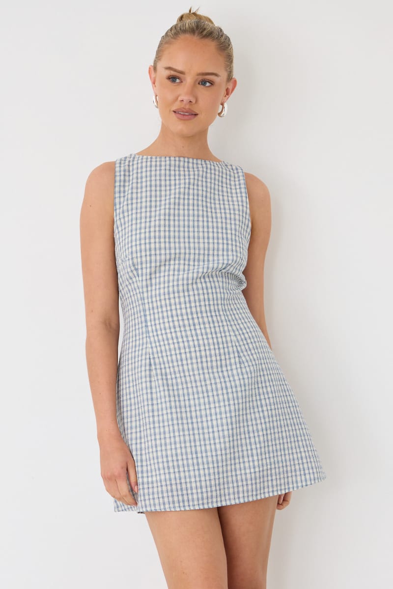 White Check Mini Dress Boat Neck for Ally Fashion