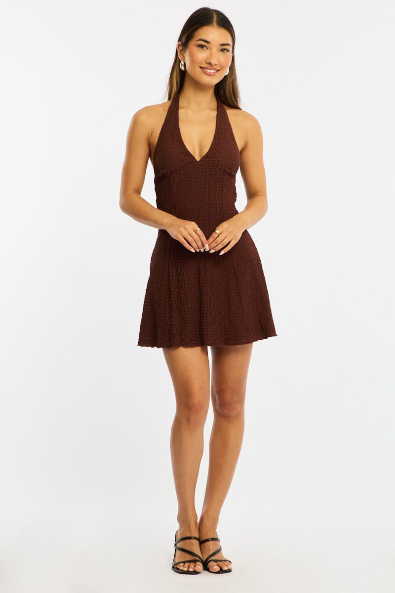 Brown Halter Neck Dress Mini for Ally Fashion