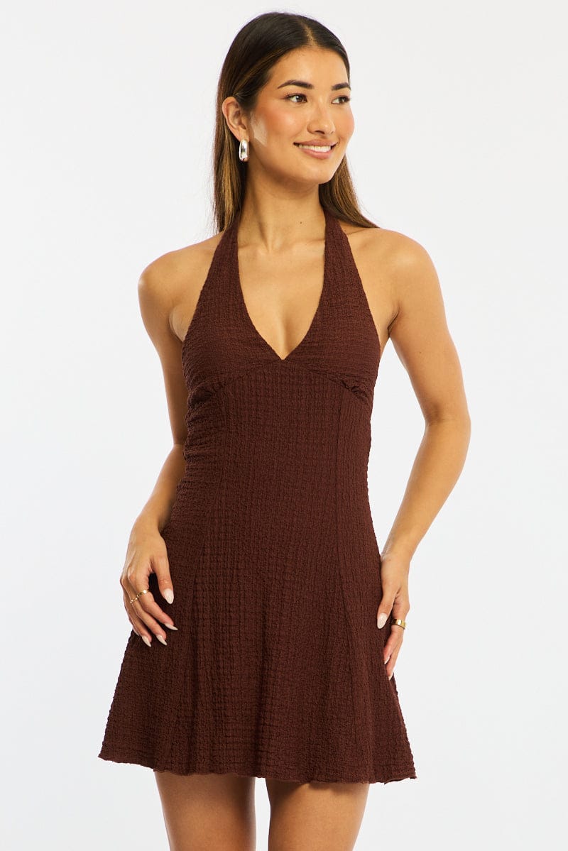 Brown Halter Neck Dress Mini for Ally Fashion