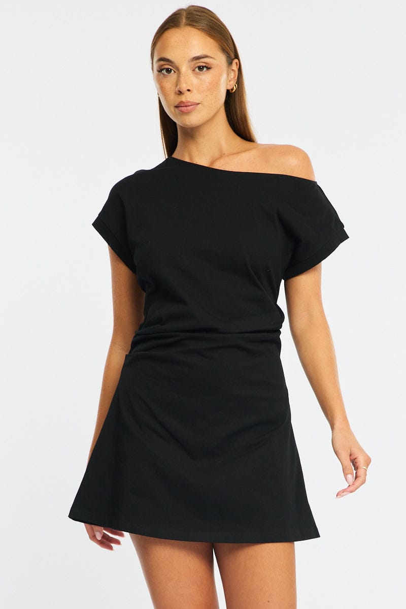 Black Asymmetrical Neckline Mini Dress