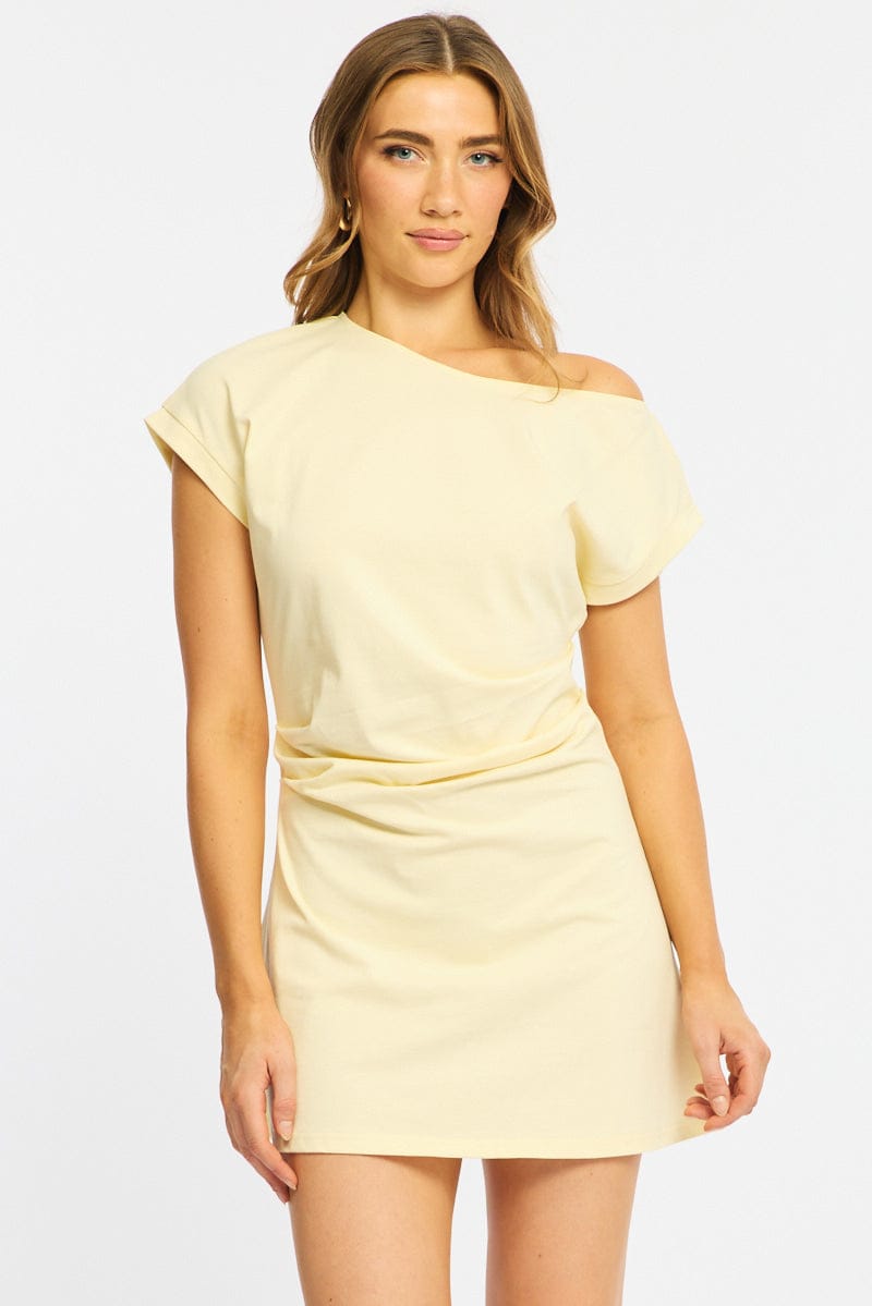 Yellow Asymmetrical Neckline Mini Dress for Ally Fashion