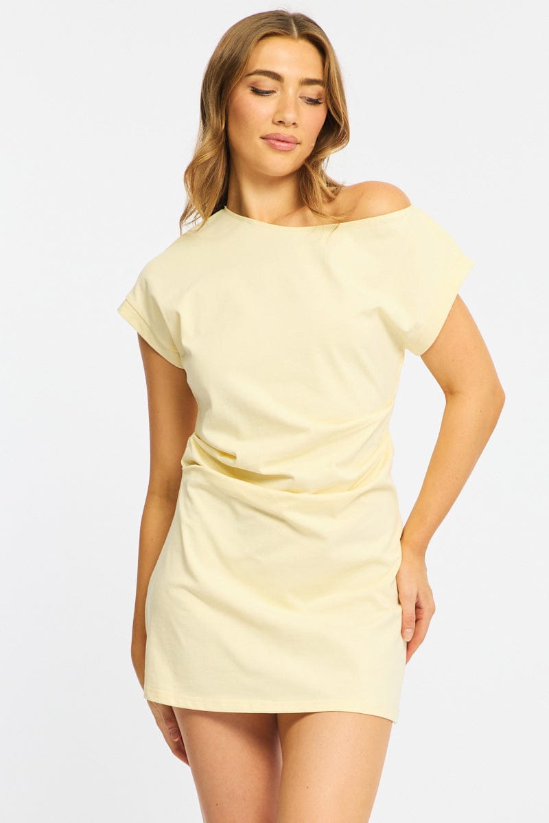Yellow Asymmetrical Neckline Mini Dress | Ally Fashion Yellow Asymmetrical Neckline Mini Dress | Ally Fashion