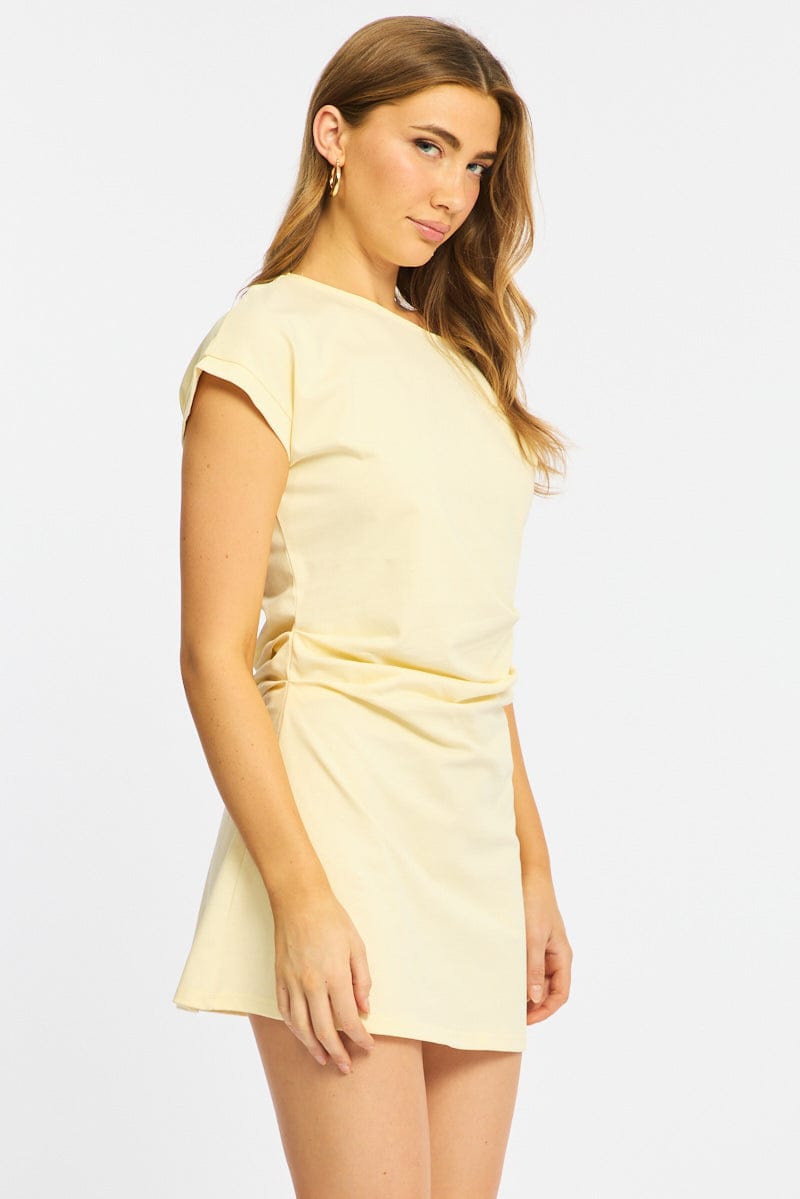 Yellow Asymmetrical Neckline Mini Dress for Ally Fashion