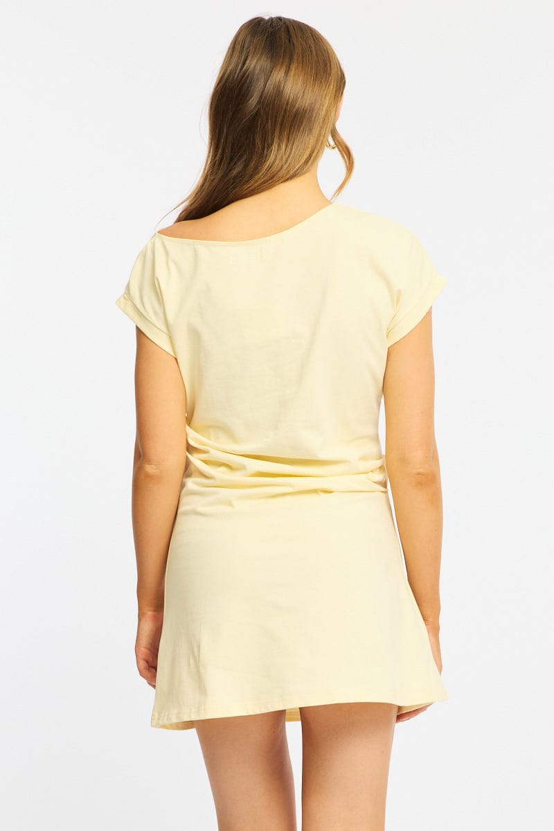 Yellow Asymmetrical Neckline Mini Dress for Ally Fashion
