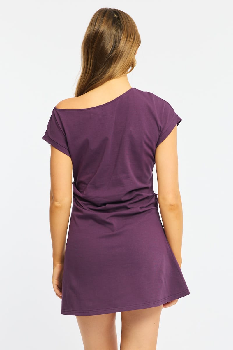 Purple Asymmetrical Neckline Mini Dress for Ally Fashion