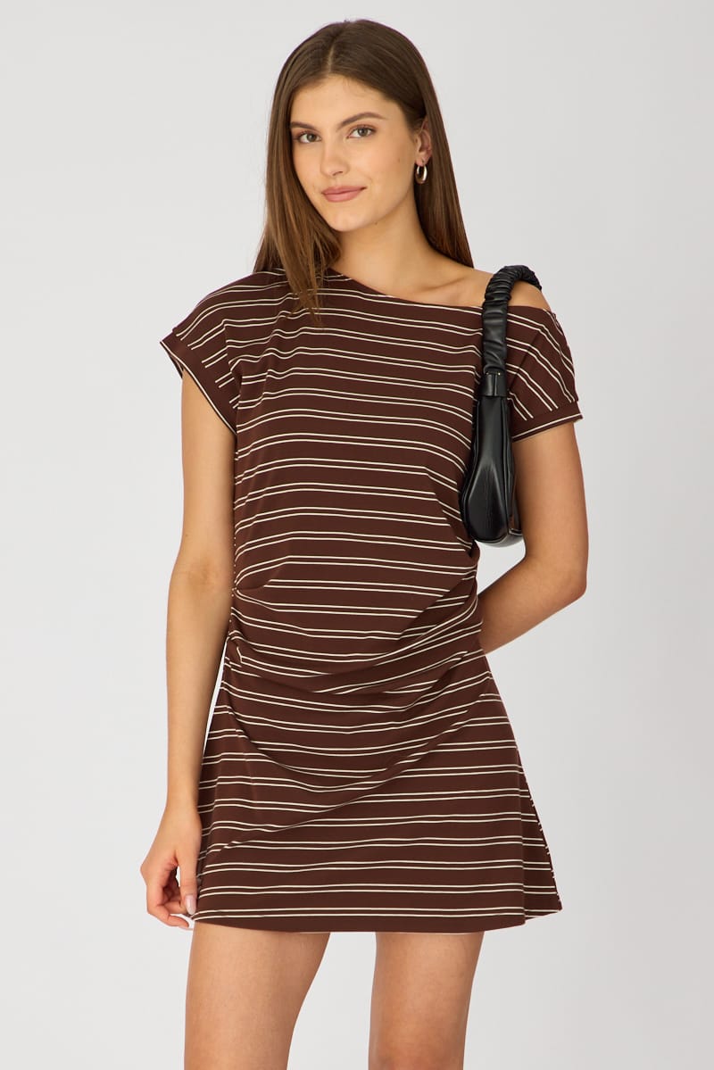 Brown Stripe Asymmetrical Neckline Mini Dress for Ally Fashion