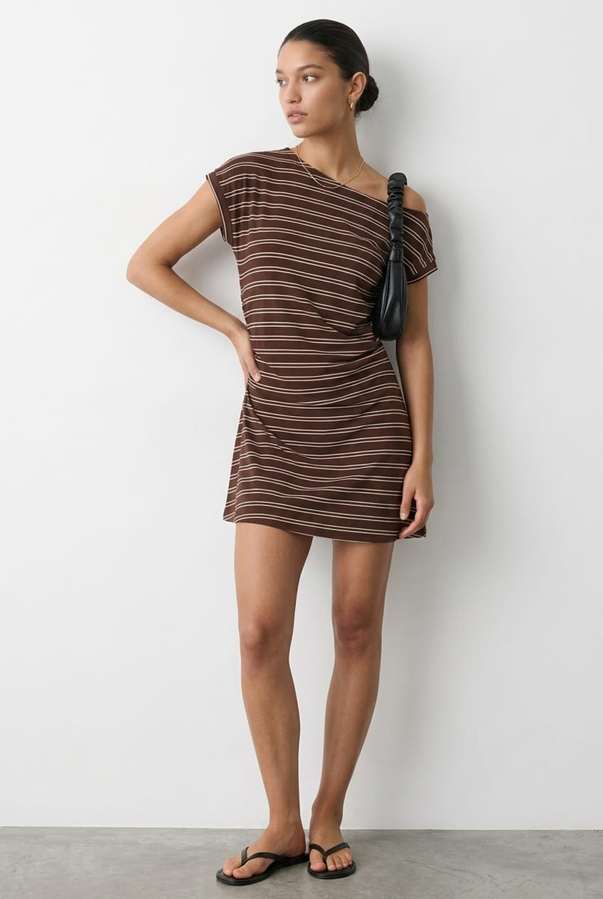 Brown Stripe Asymmetrical Neckline Mini Dress for Ally Fashion
