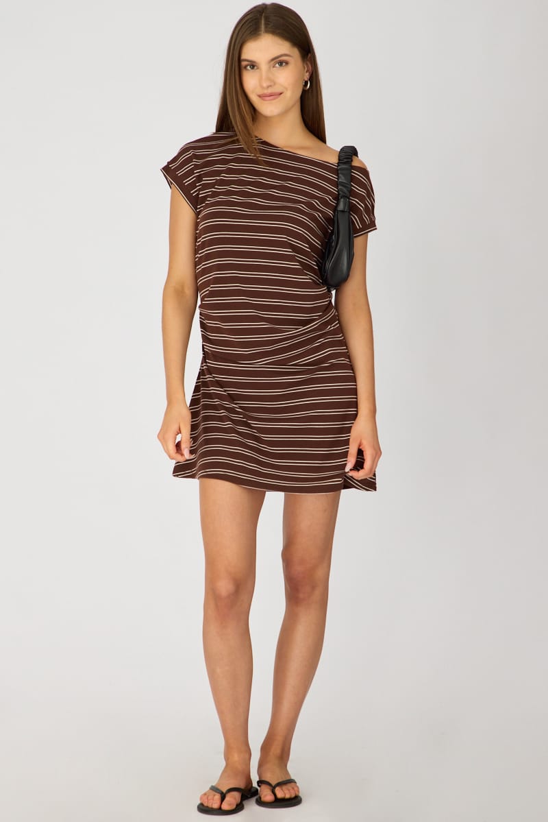 Brown Stripe Asymmetrical Neckline Mini Dress for Ally Fashion